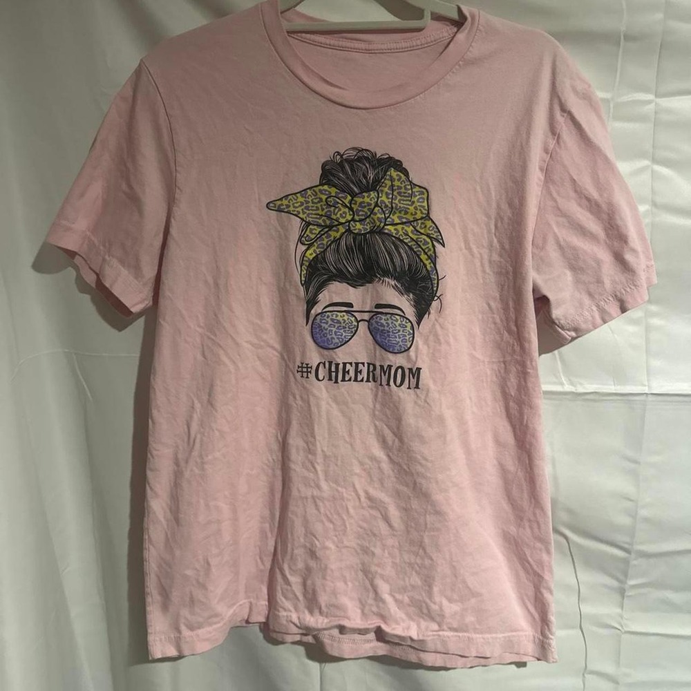 Cheer Mom Graphic T-Shirt Pink Messy Bun Leopard Aviators Short Sleeve Tee